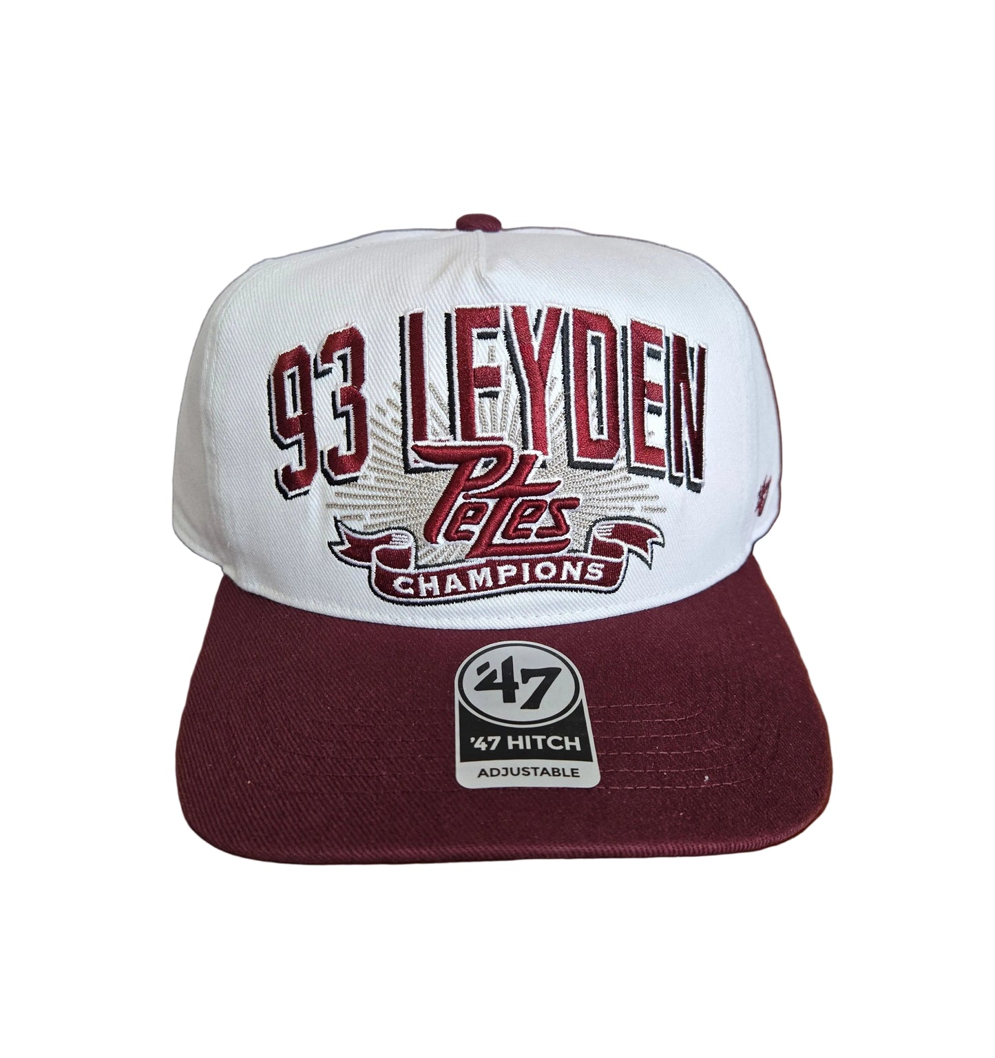 Baseball cap with '93 Leyden division and '47' branding in off white and maroon bill