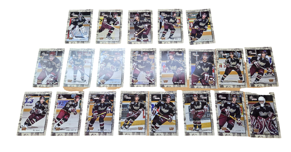 2005/06 Petes postcard team cards measure 4.5 inches by 7 inches.
Players in this set include : David Shantz, Aaron Dawson, Mark Pawlowski, Bryan Young, Trevor Hendrikx, Jordan Morrison, Jordan Staal, Justin Soryal, Greg Stewart, Zach Harnden, Justin Caruana, Steve Downie, Jason McDonough, Liam Reddox, Daniel Ryder, Fredrik Naslund, Jamie Tardif, Kyle Raftis, Patrick Kaleta, Burke MacDonald, Trevor Cann