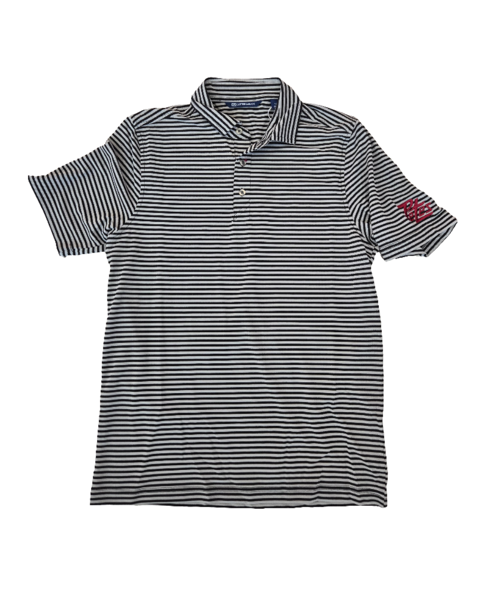 Peterborough Petes Cutter & Buck black and grey striped polo with embroidered left sleeve