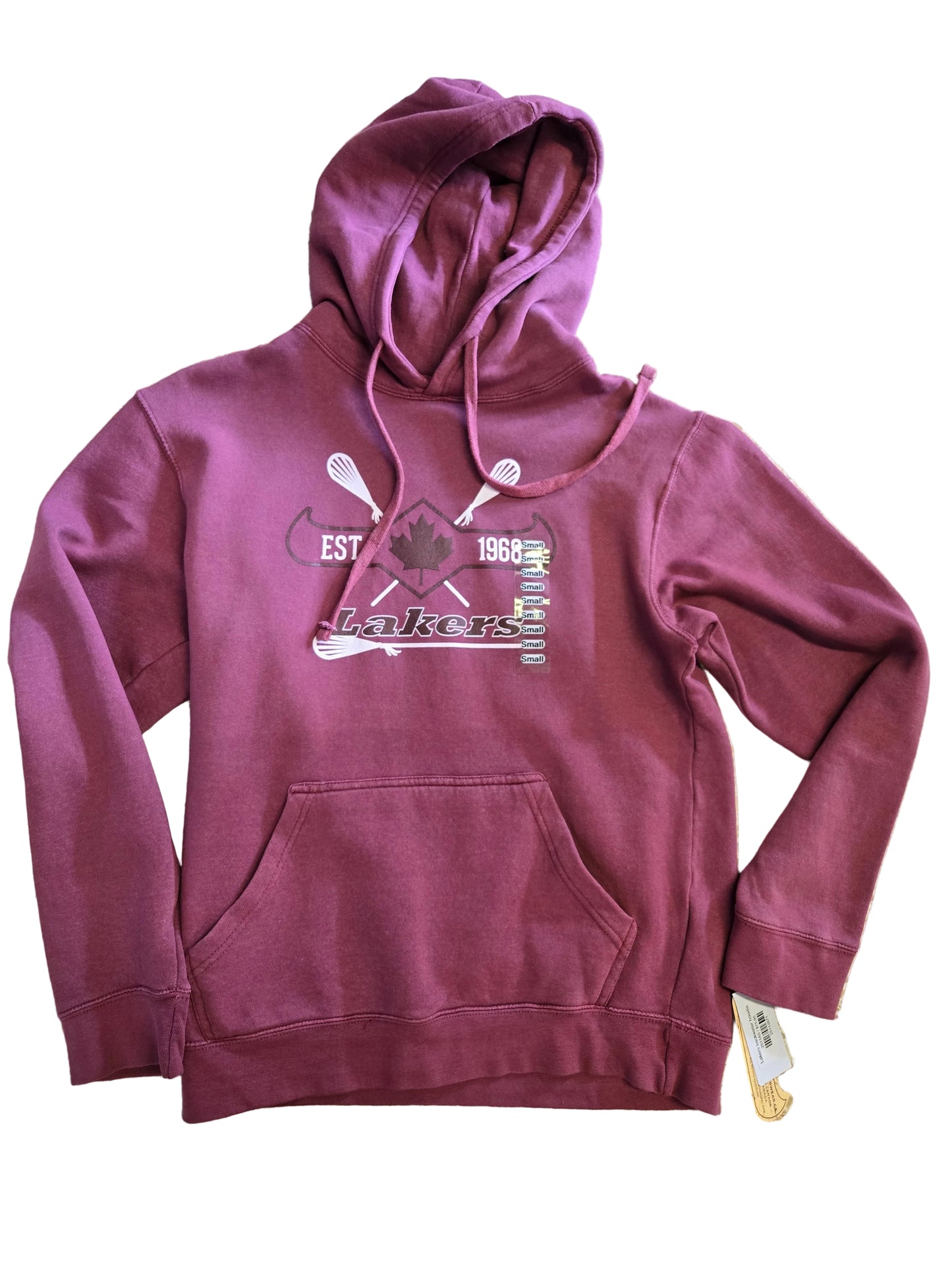 A maroon pullover hoodie with a front kangaroo pocket and drawstrings, featuring a graphic print on the chest that reads 'Lakers' with crossed lacrosse sticks and a canoe front.