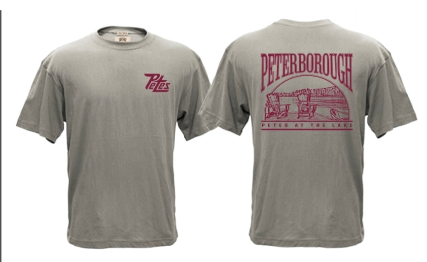 Gray t-shirt with maroon graphics and text on a white background
