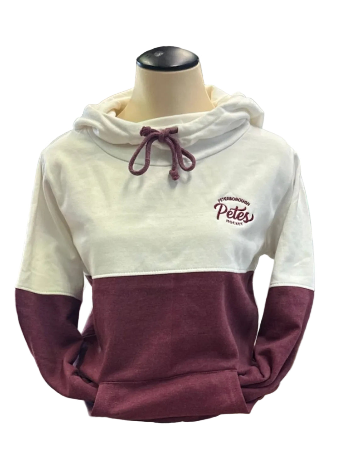 Two-tone hoodie with Petes logo on a mannequin