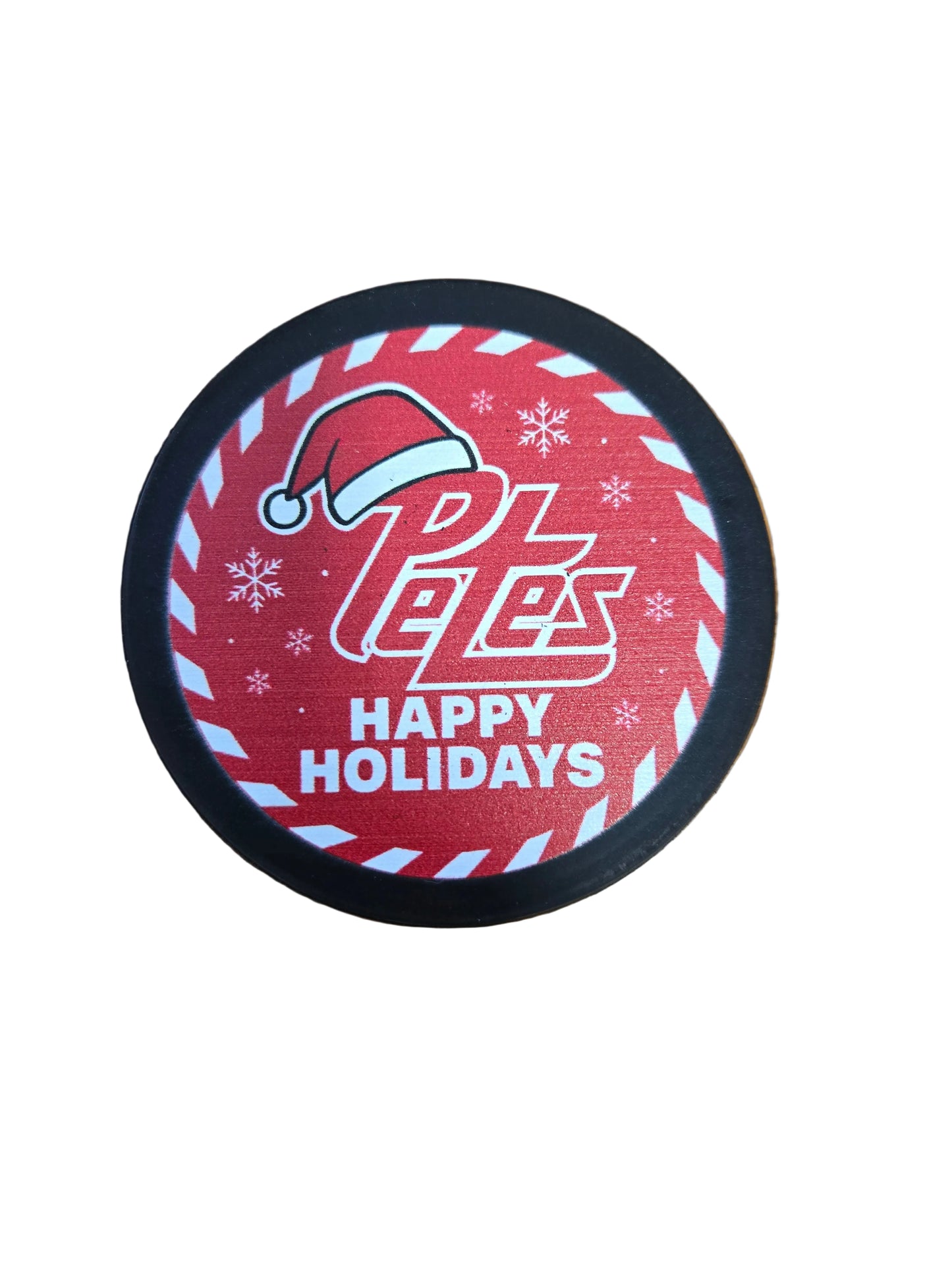 Round red and white holiday coaster with 'Happy Holidays'
