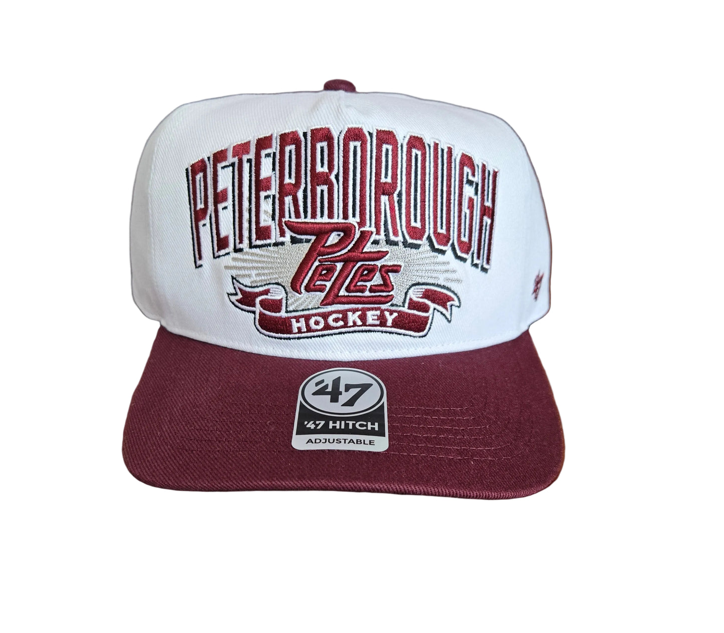 White and maroon sports equipment with raised Petes embroidered logo