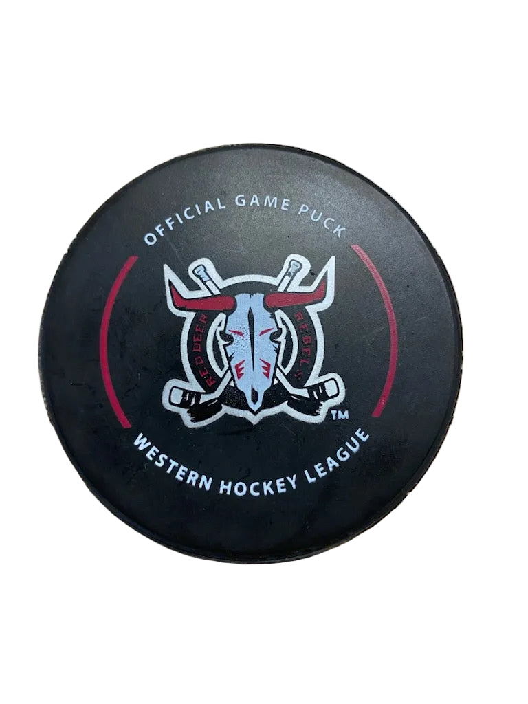Black hockey puck with Red Deer Rebels logo