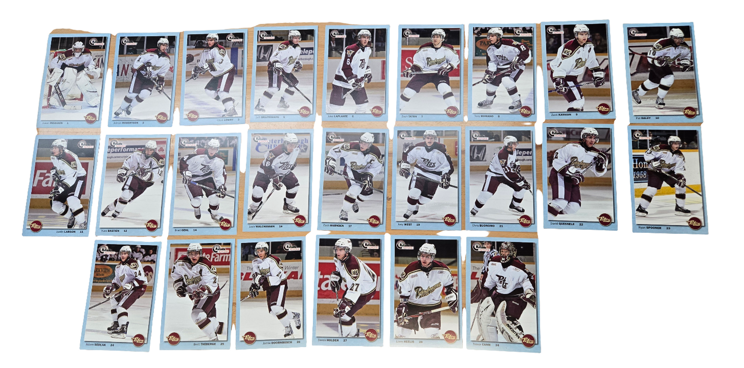 2008/09 Petes postcard Cards measure 4.5 inches by 7 inches.
Players in this set include : Jason Missiaen, Adrian Robertson, Chad Lowery, Jeff Braithwaite, Jake LaPlante, Zach Tatrn, Tony Romano, Zach Kassian, Pat Daley, Justin Larson, Yves Bastien, Brad Gehl, Jack Walchessen, Zach Harnden, Joey West, Chris Buonomo, David Quesnele, Ryan Spooner, Adam Sedlak, Brett Theberge, Jamie Doornbosch, Derek Holden, Liam Heelis, Trevor Cann.