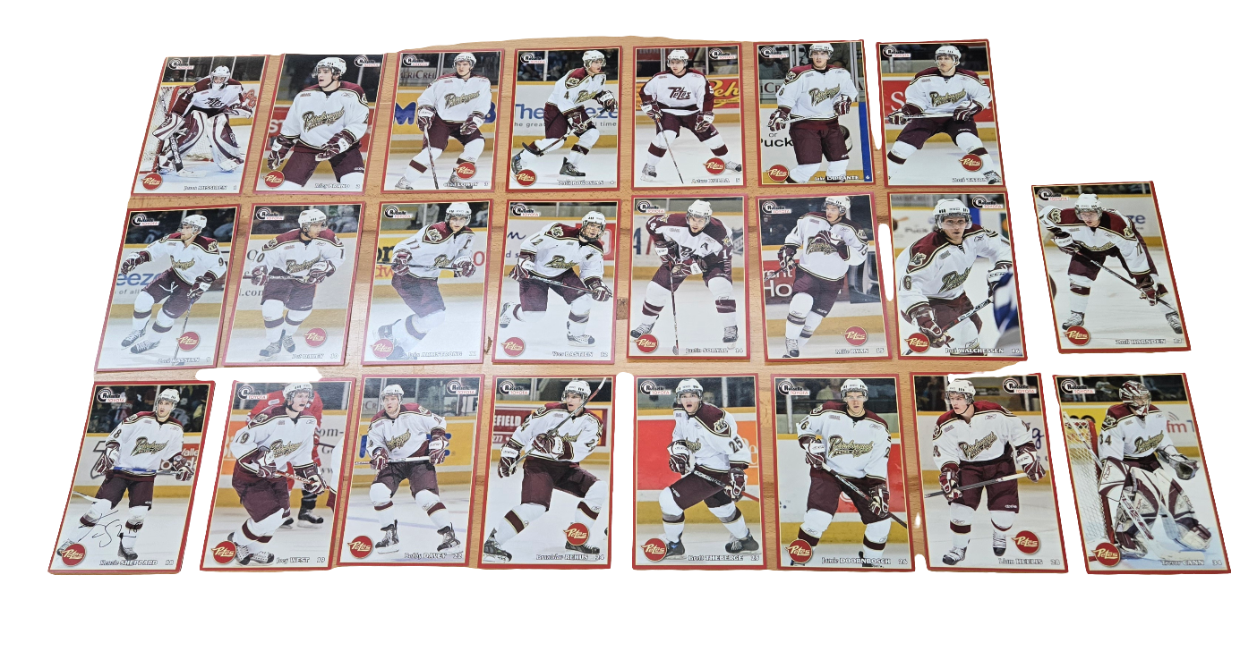 2007/08 Petes postcards, each measure 4.5 inches by 7 inches.
Players in this set include : Jason Missiaen, Riley Brand, Chad Lowery, Zach Bogosian, Arturs Kulda, Jake LaPlante, Zach Tatrn, Pat Daley, John Armstrong, Yves Bastien, Justin Soryal, Mike Ryan, Jack Walchessen, Zach Harnden, Kenzie Sheppard (all team sets have autographed cards), Joey West, Bobby Davey, Branislav Rehus, Brett Theberge, Jamie Doornbosch, Liam Heelis, Trevor Cann.