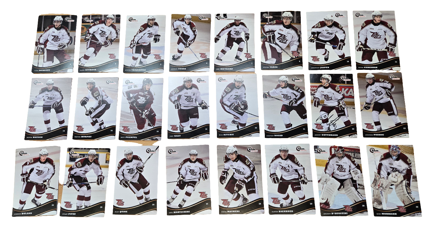 2011/12 Petes postcards measure 4.5 inches by 7 inches.
Players in this set include : Cole Murduff, Clark Seymour, Steven Trojanovic, Andrew Yogan, Luke Hietkamp, Steven Varga, Jonathan Jasper, Peter Ceresnak, Austin Watson, Trevor Murphy, Matt Puempel, Joey West, Nick Ritchie, Stephen Nosad, Jeremy Gottzmann, Stephen Pierog, Connor Boland, Dylan Fitze, Alan Quine, Lino Martschini, Derek Mathers, Slater Koekkoek, Andrew D'Agostini, Mike Morrison.