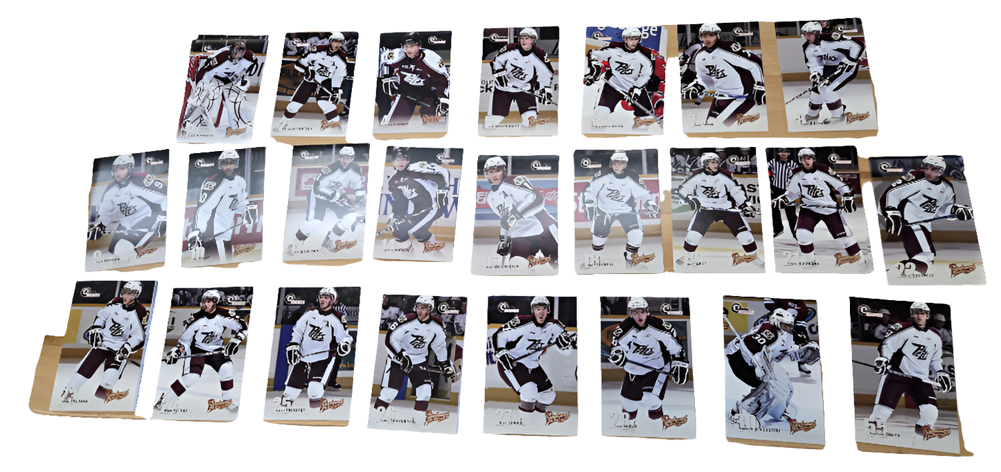 2009/10 Petes postcard team set cards measure 4.5 inches by 7 inches.
Players in this set include : Jason Missiaen, Adrian Robertson, Brian Birkhoff, Jeff Braithwaite, Christopher Breen, Zach Tatrn, Luke Hietkamp, Zach Kassian, Pat Daley, Justin Larson, Austin Watson, Jack Walchessen, Matt Puempel, Joey West, Chris Buonomo, David Quesnele, Ryan Spooner, Adam Sedlak, Brett Theberge, Jamie Doornbosch, Mike Lomas, Liam Heelis, Andrew D'Agostini, Barron Smith..