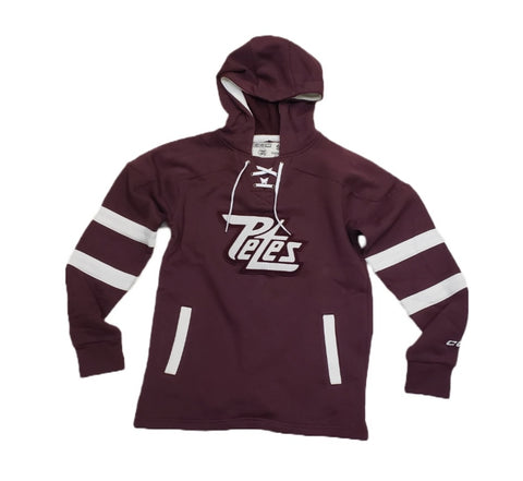 Peterborough Petes retro CCM Pro Series hoodie with kangaroo pouch front, drawstring front and mesh lined hoodie