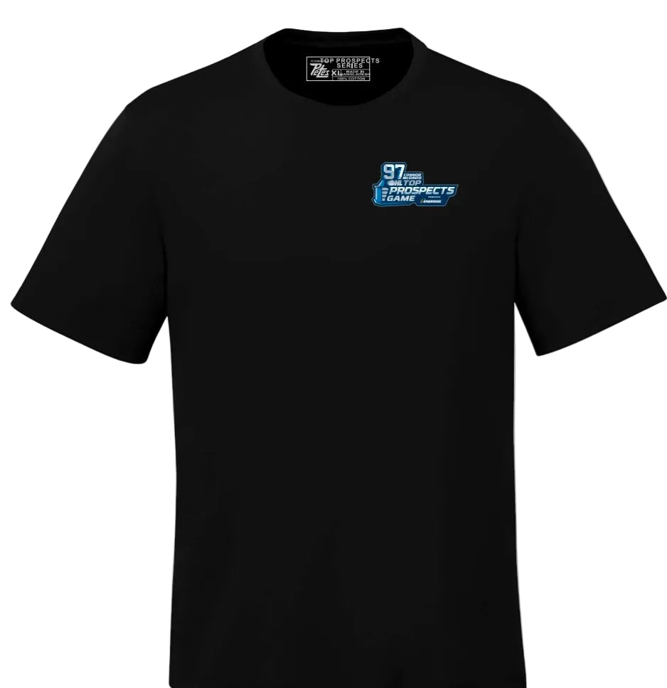 Black t-shirt with a logo on the chest against a white background