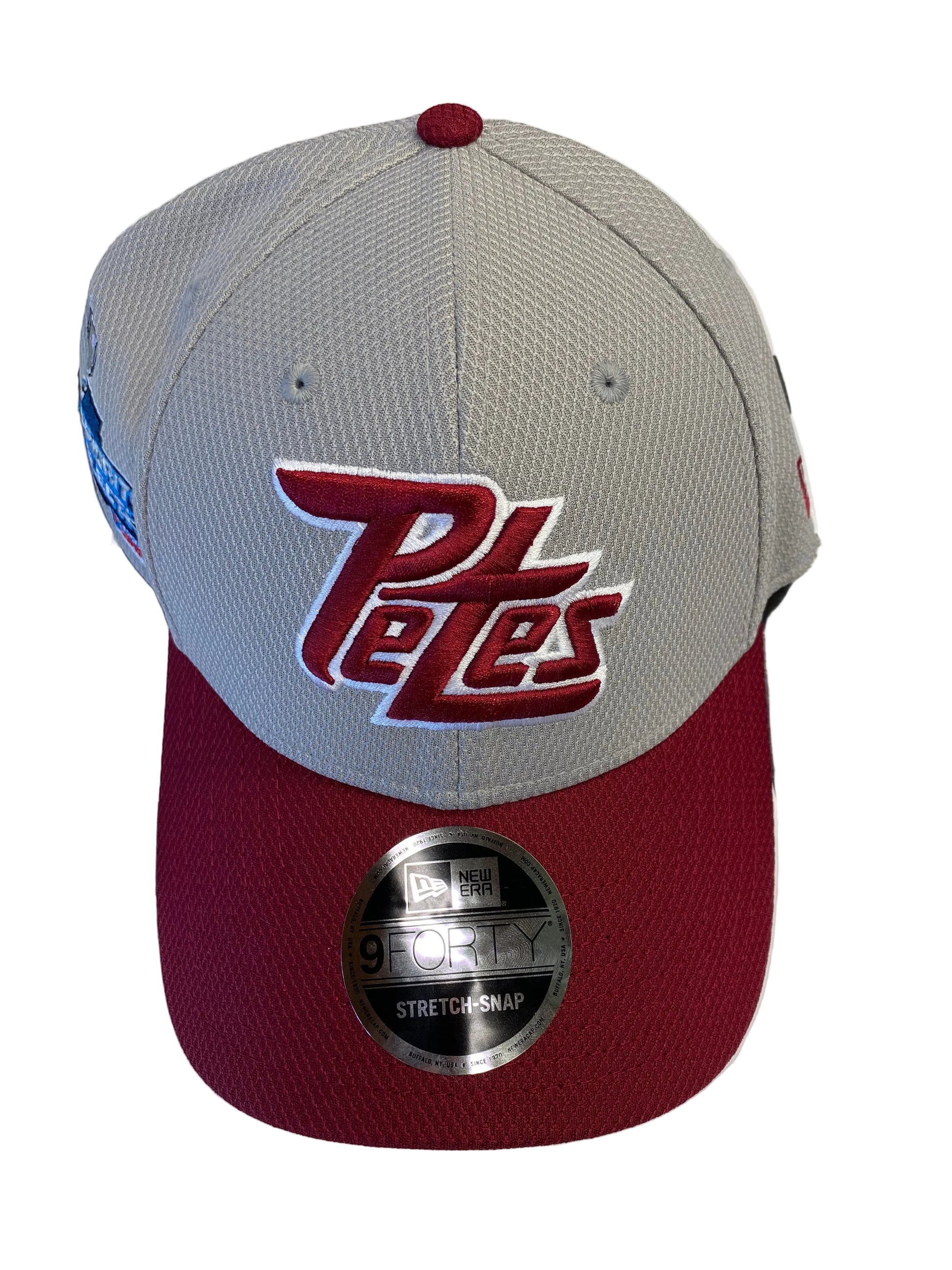 Gray and maroon cap with 'Petes' logo on a white background