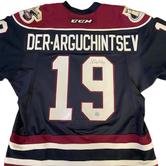 Peterborough Petes alumni Semyon Der-Arguchintsev game worn and autographed Black Petes jersey