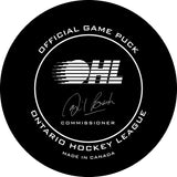 Official OHL Game puck back with commissioner David Branch screen printed Peterborough Petes store