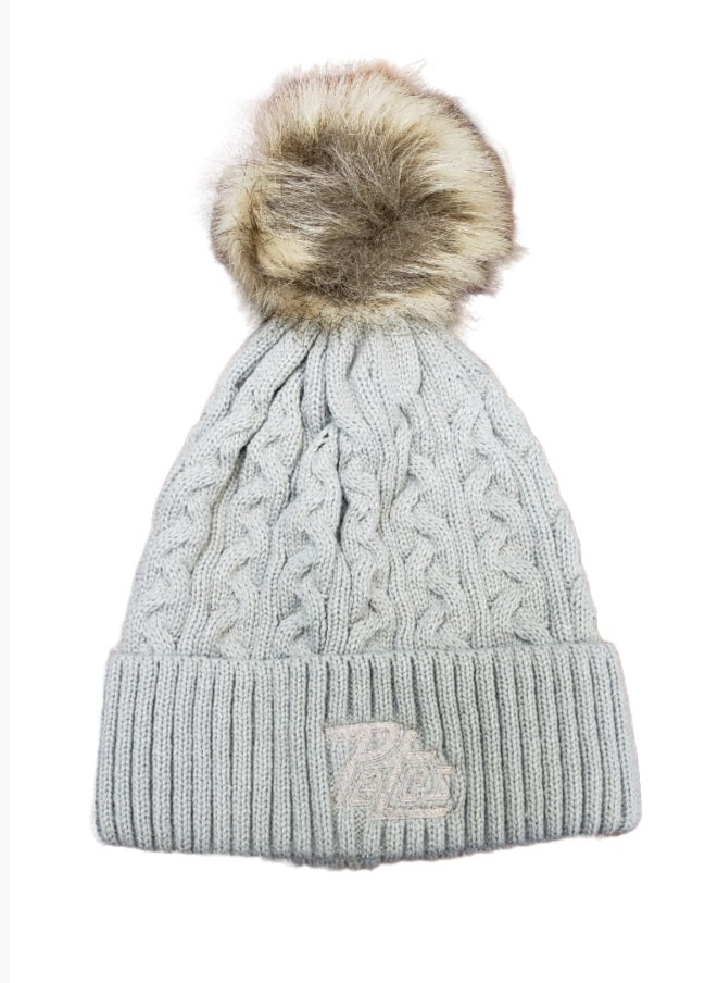 Ladies beige premium toque with faux fur pom, ribbed body and embroidered logo on cuff
