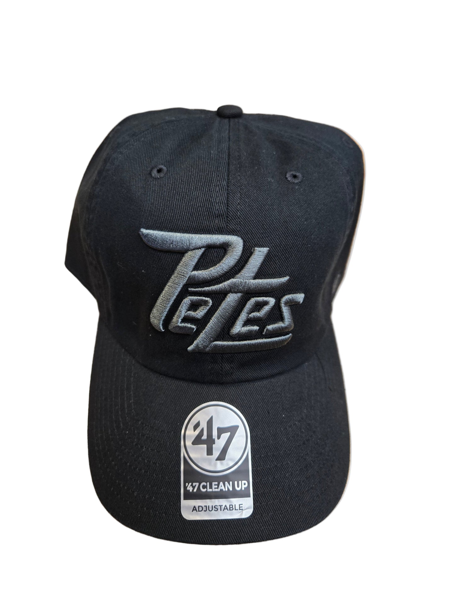 Black cap with strapback. Raised puff Petes logo '47' brand hat