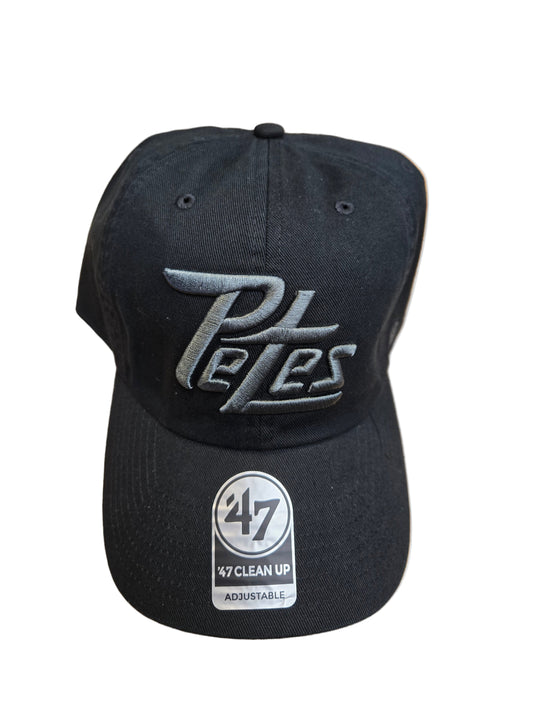 Black cap with strapback. Raised puff Petes logo '47' brand hat