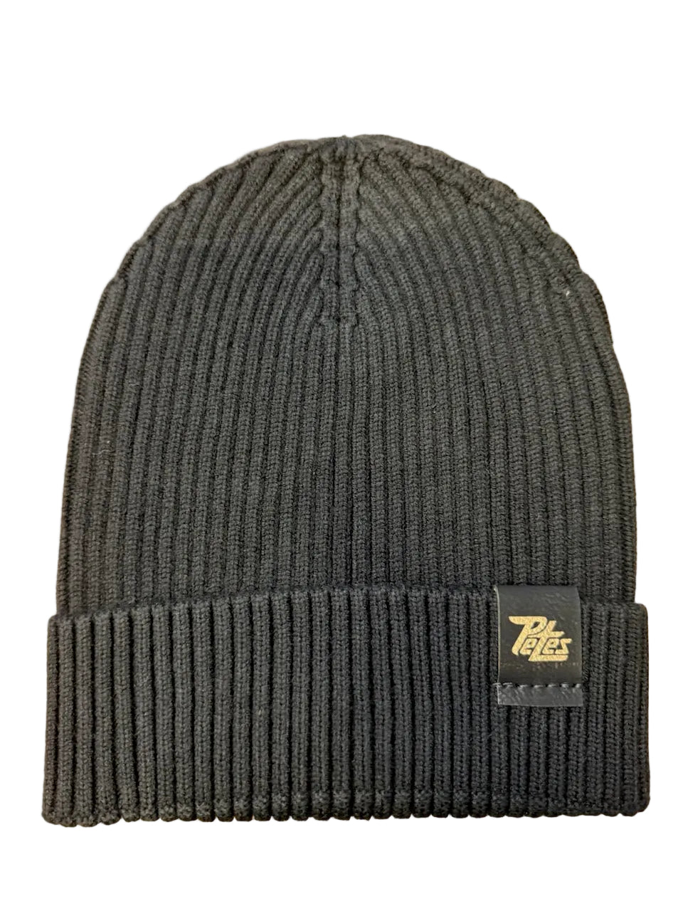 Black knit beanie with a laser etched logo on a leatherette patch