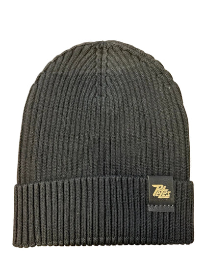 Black knit beanie with a laser etched logo on a leatherette patch