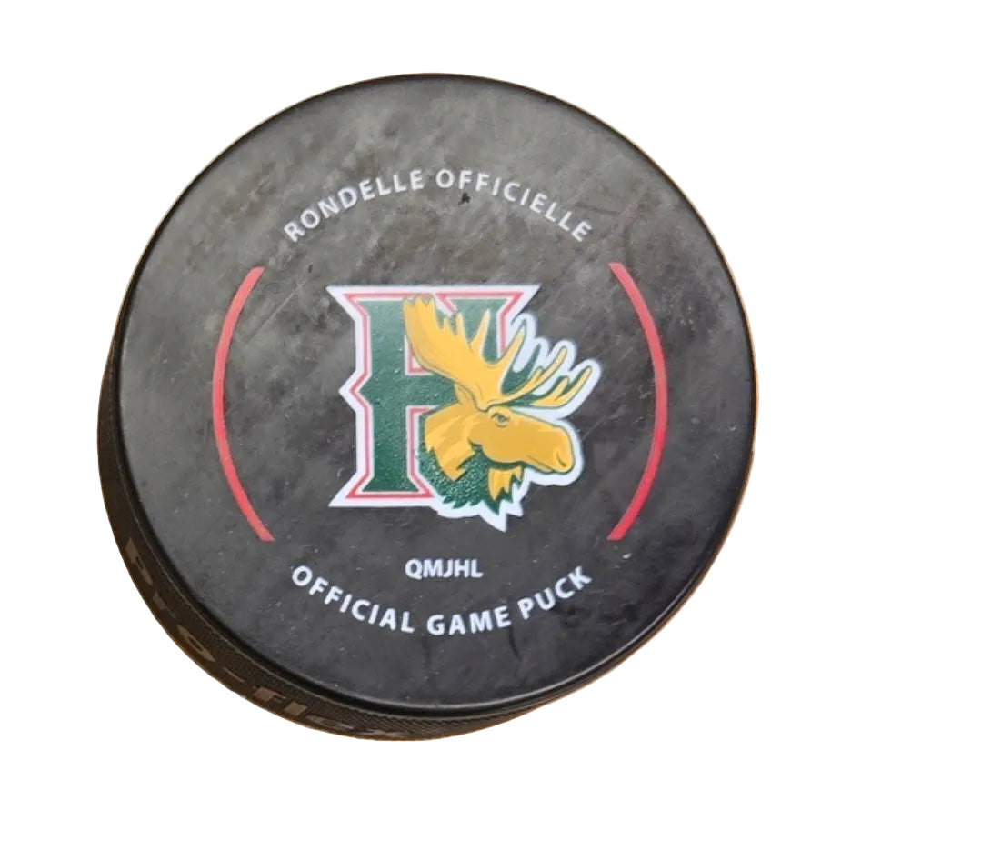 Hockey puck with a Halifax Mooseheads logo 