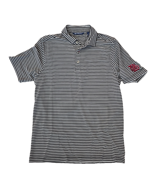 Peterborough Petes Cutter & Buck black and grey striped polo with embroidered left sleeve