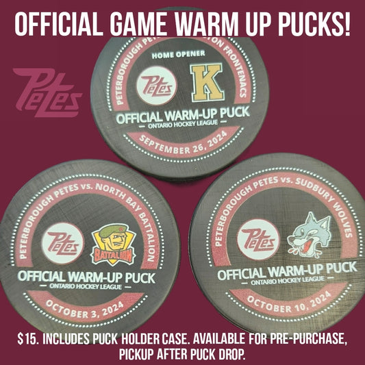 Peterborough Petes game night warm-up pucks