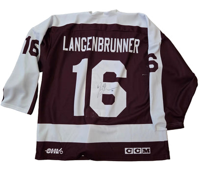 Maroon and white Jamie Langenbrunner hockey jersey with number 16 autographed