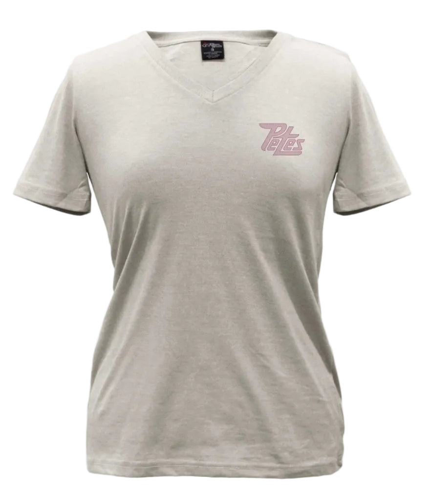 Gray v-neck t-shirt with a textured screenprinted logo