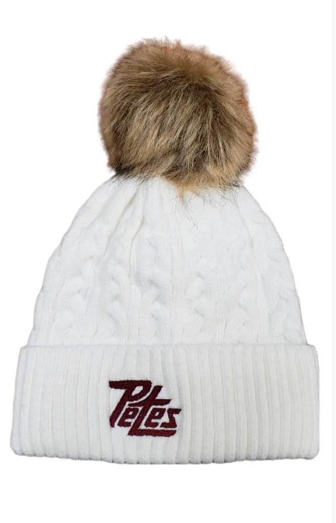 Ladies white premium toque with faux fur pom, ribbed body and embroidered logo on cuff