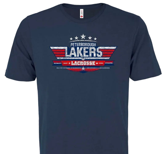 Navy blue t-shirt with 'Peterborough Lakers Lacrosse' graphic on a white background