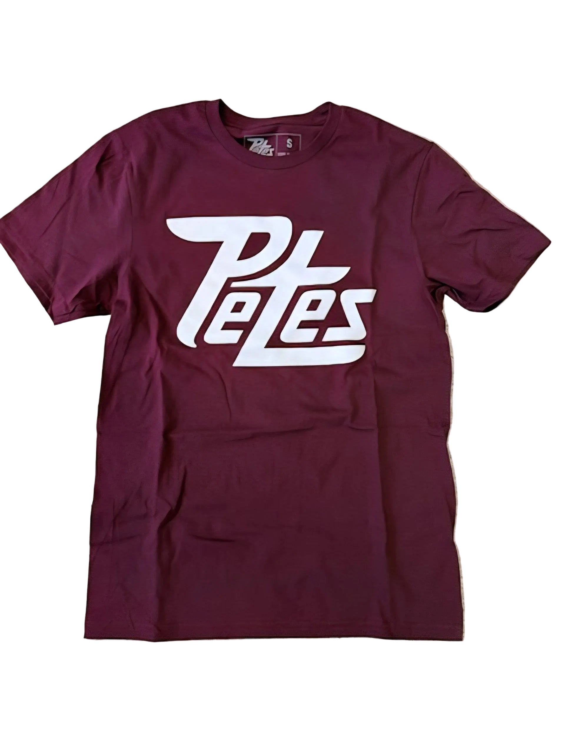 Maroon t-shirt with white 'Petes' logo