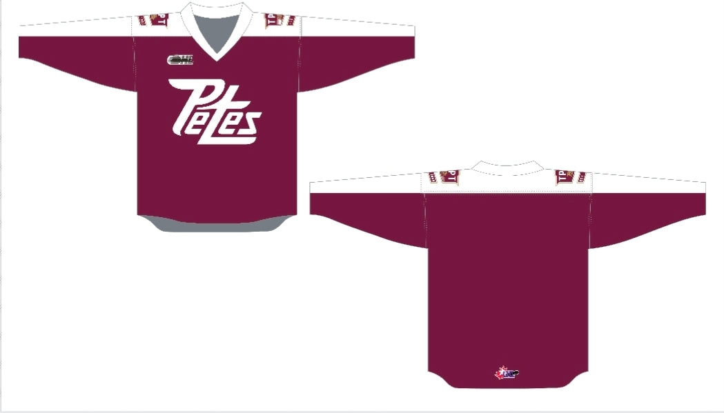 Maroon hockey jersey with Petes logo front, shoulder TPT decals in pre-school and youth sizes
