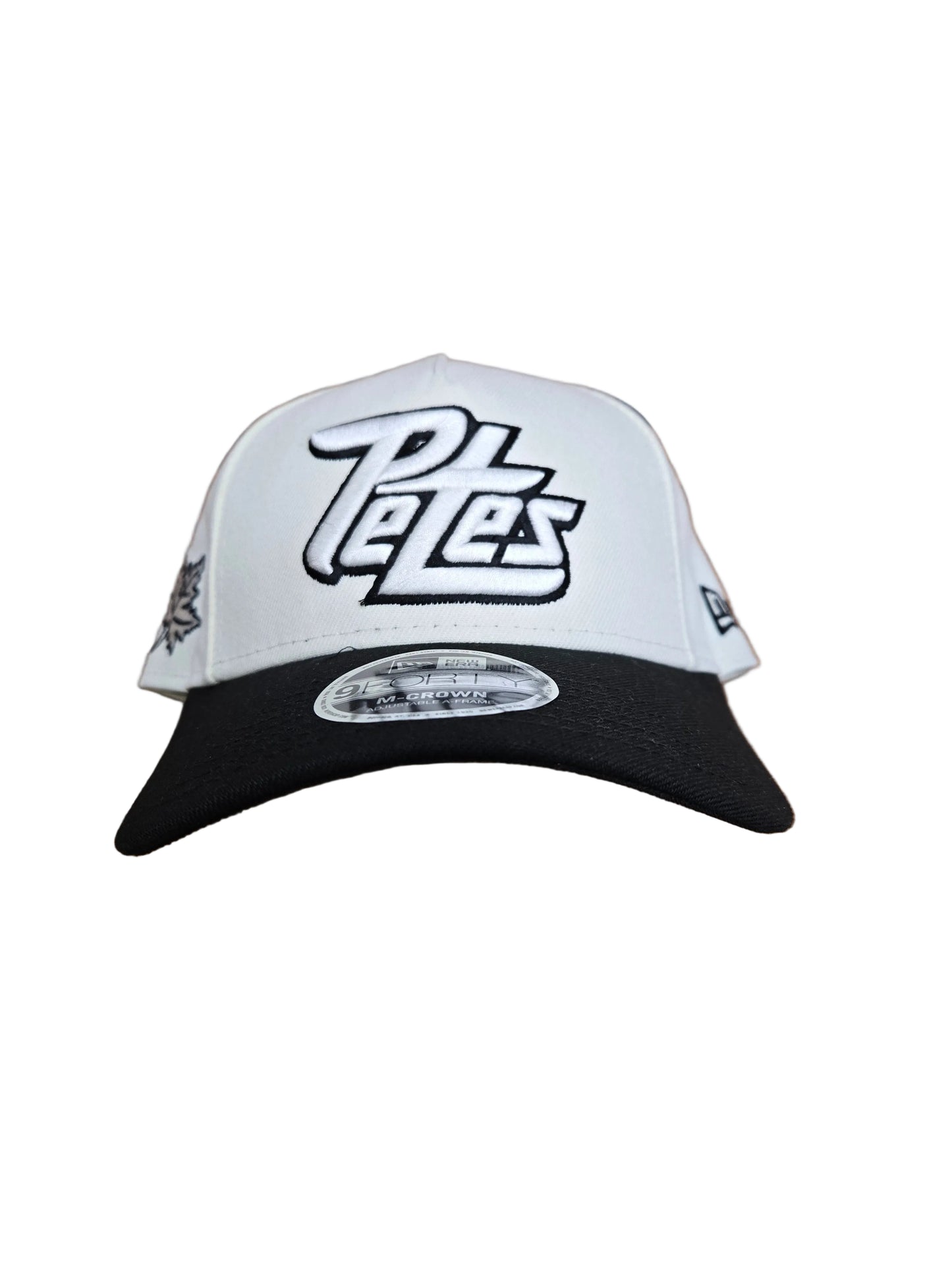 Black and white cap with a logo 