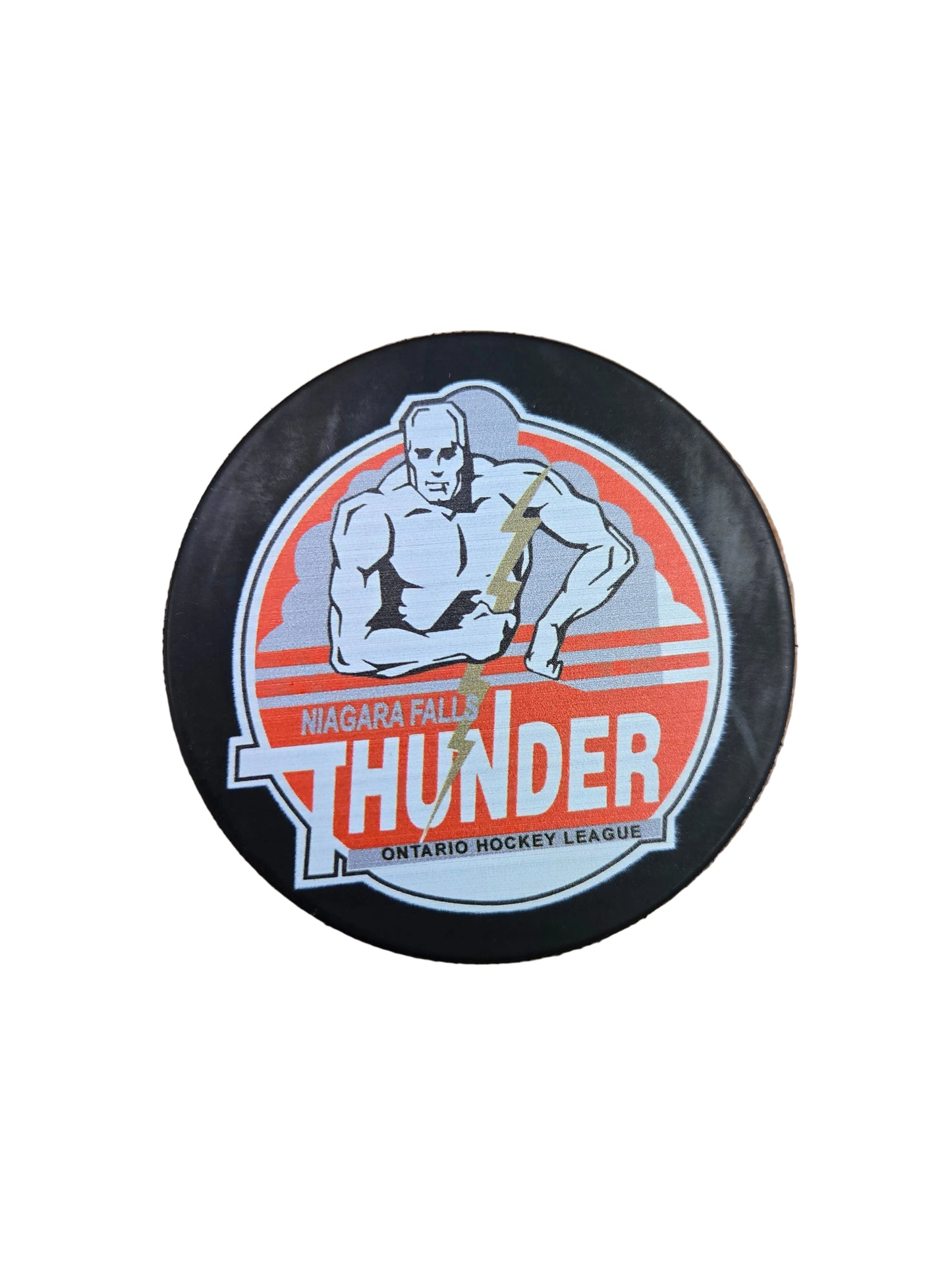 Hockey puck with Niagara Falls Thunder logo 