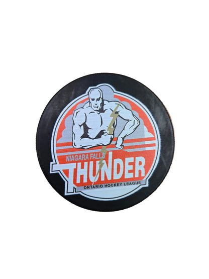 Hockey puck with Niagara Falls Thunder logo 