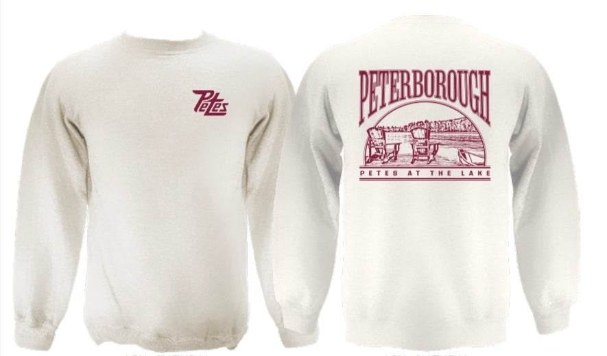 Oatmeal sweatshirt with maroon graphics and text on a white background