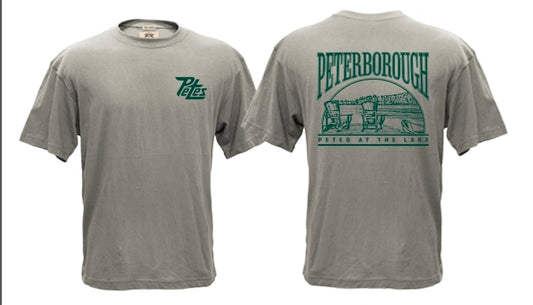 Gray t-shirt with green graphics and text
