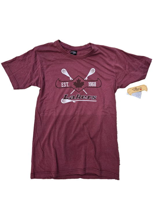 Maroon t-shirt with 'Lakers' logo on a textured surface