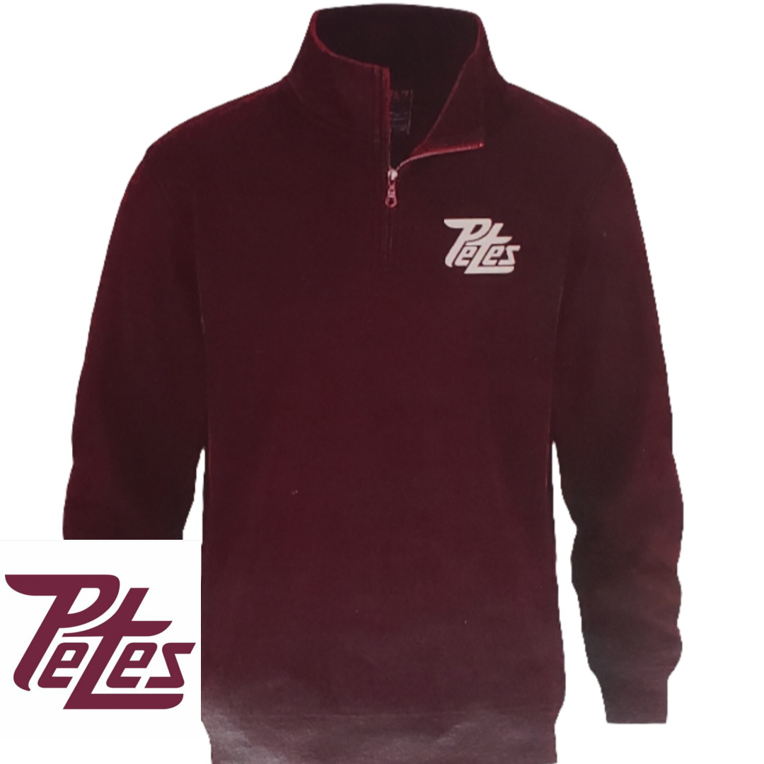 A maroon quarter zip sweater with a logo on the chest and a metal zipper.