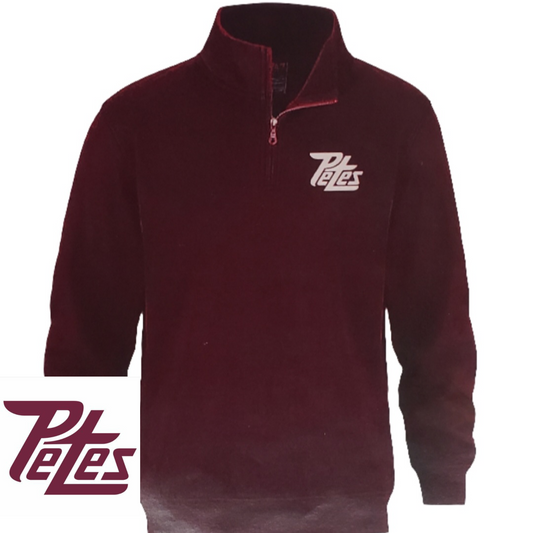 A maroon quarter zip sweater with a logo on the chest and a metal zipper.
