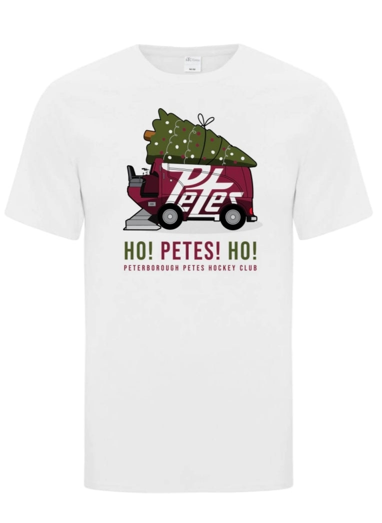 White t-shirt with Peterborough Petes hockey club graphic and text on a white background