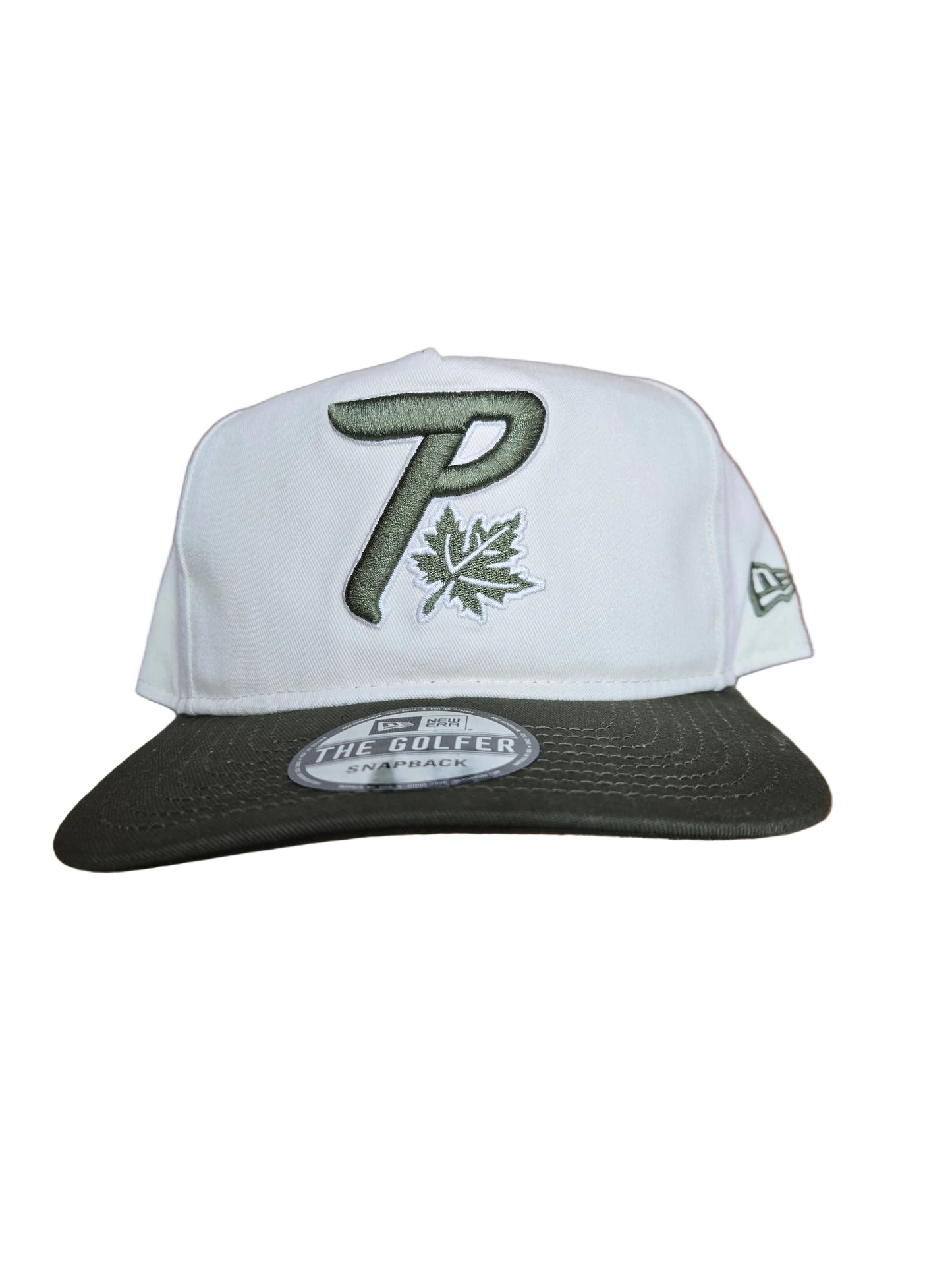 Chrome and olive cap with green logo 
