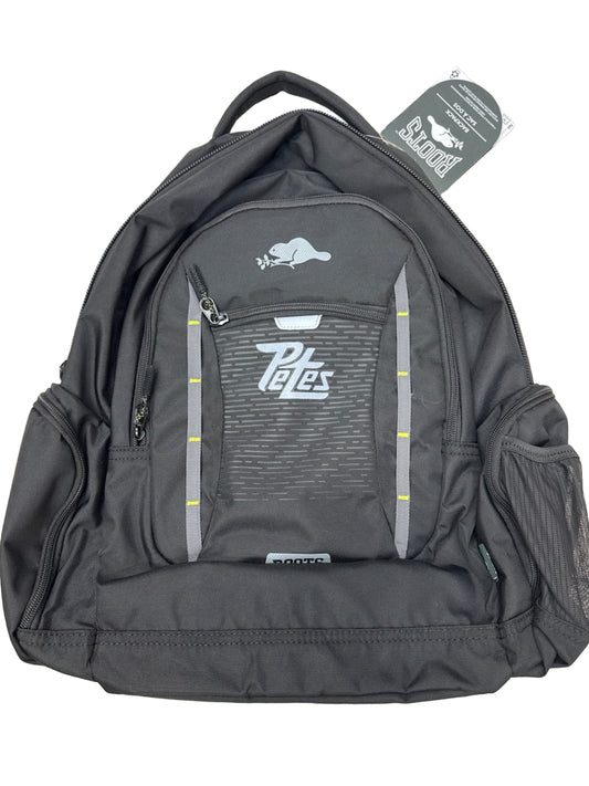 Black Roots backpack with a Petes logo on a textured black surface