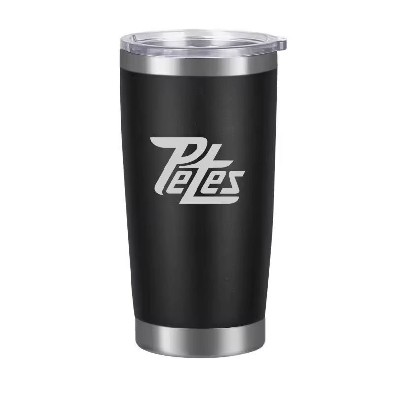 Black tumbler with silver lid featuring a Petes logo on a white background