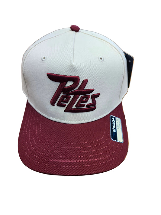Petes off white and maroon baseball caps with a logo 