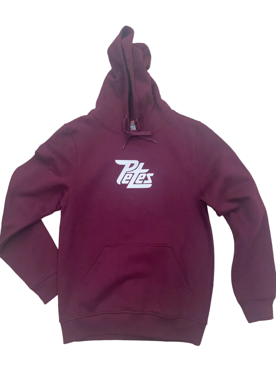 Peterborough Petes maroon hoodie with screenprint logo on front
