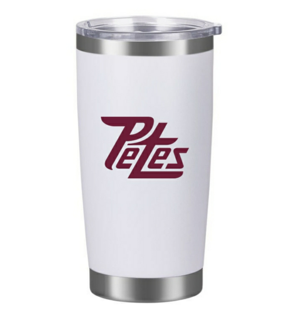 A white stainless steel travel mug with 'Petes' branding on the side, featuring a clear lid and a silver base.