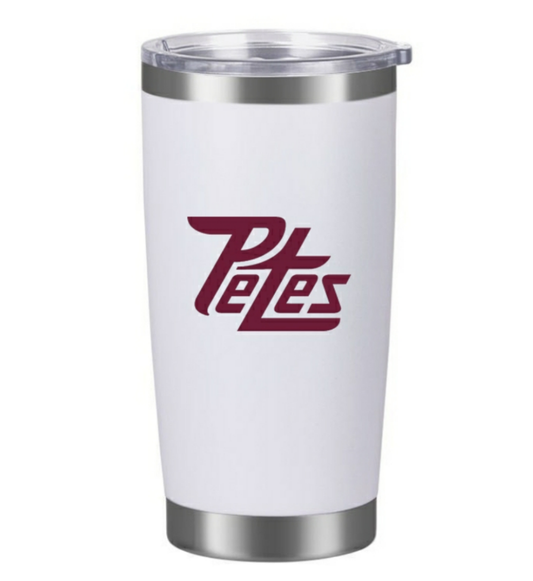 A white stainless steel travel mug with 'Petes' branding on the side, featuring a clear lid and a silver base.