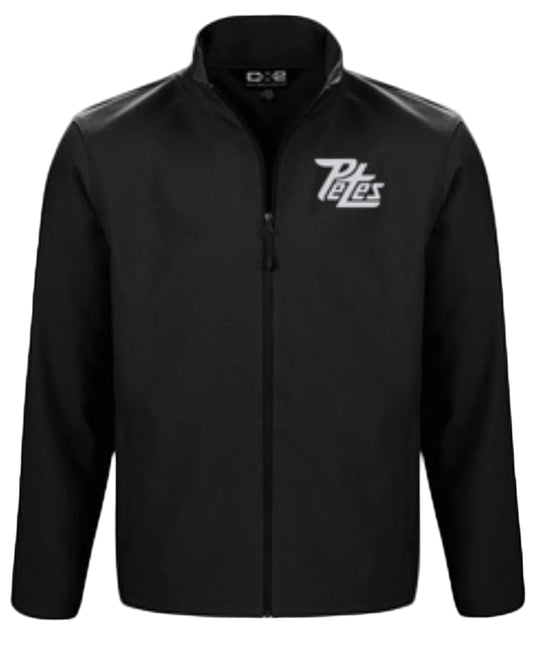 Black jacket with a logo on the chest against a white background