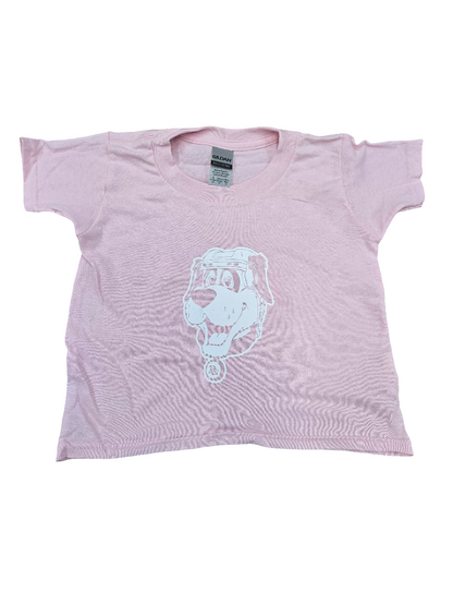 Pink t-shirt with a graphic design on a white background